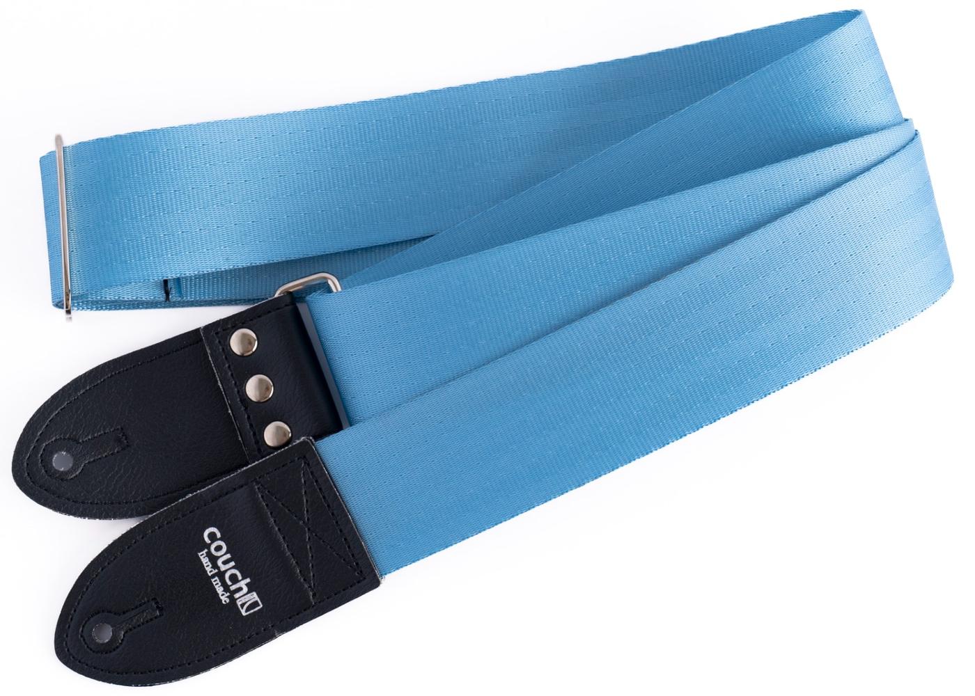 Light blue seatbelt guitar strap on white